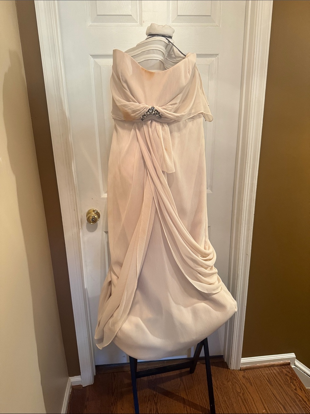 White by Vera Wang Strapless Cream Draped Gown with Jeweled Waist
